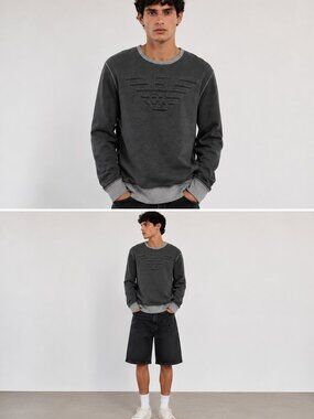 Giorgio Armani Oversized Embossed Eagle Logo Sweatshirt Gray Crewneck Size L